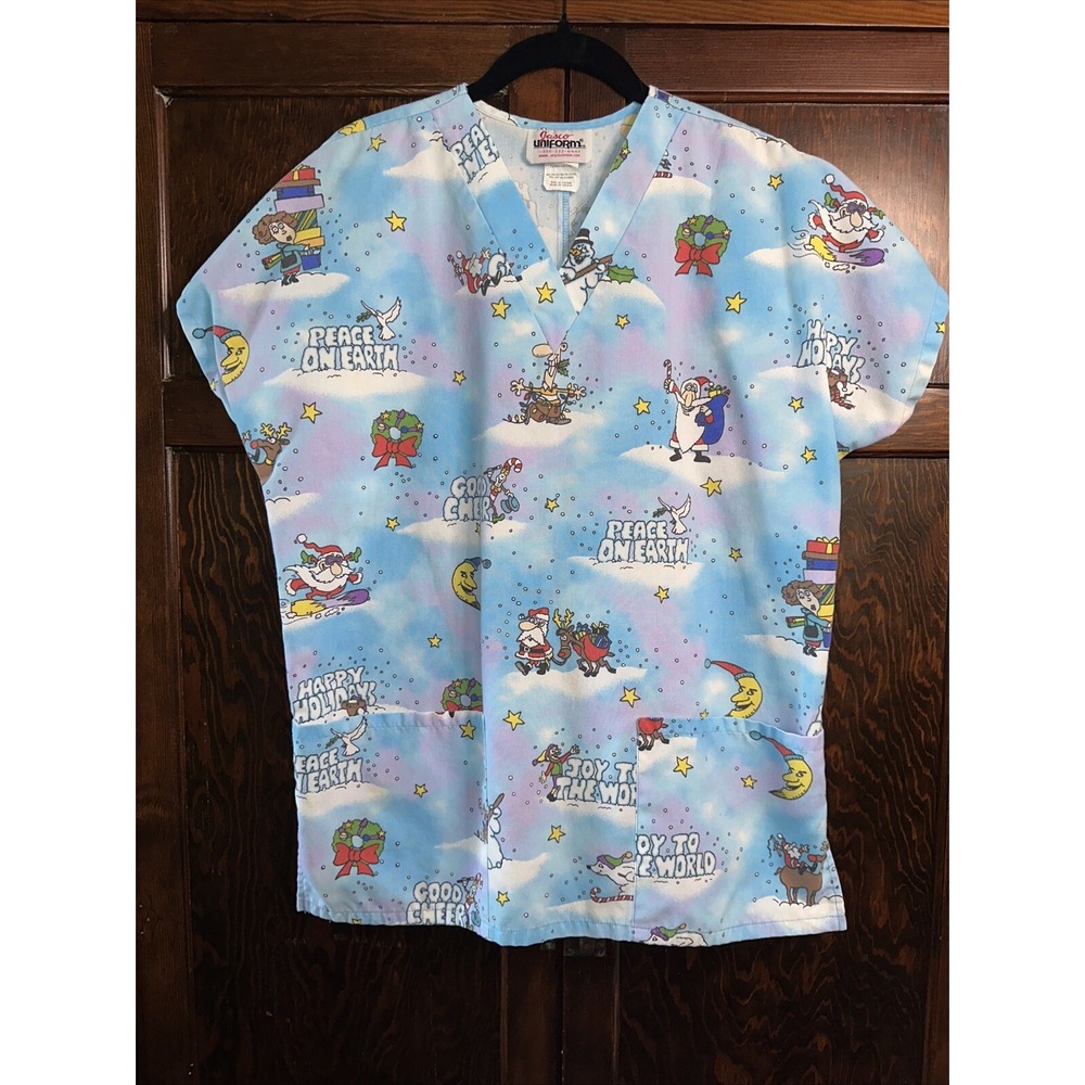 Jasco Small Seasons Greetings Peace On Earth Santa Shoppers Christmas‎ Scrub Top